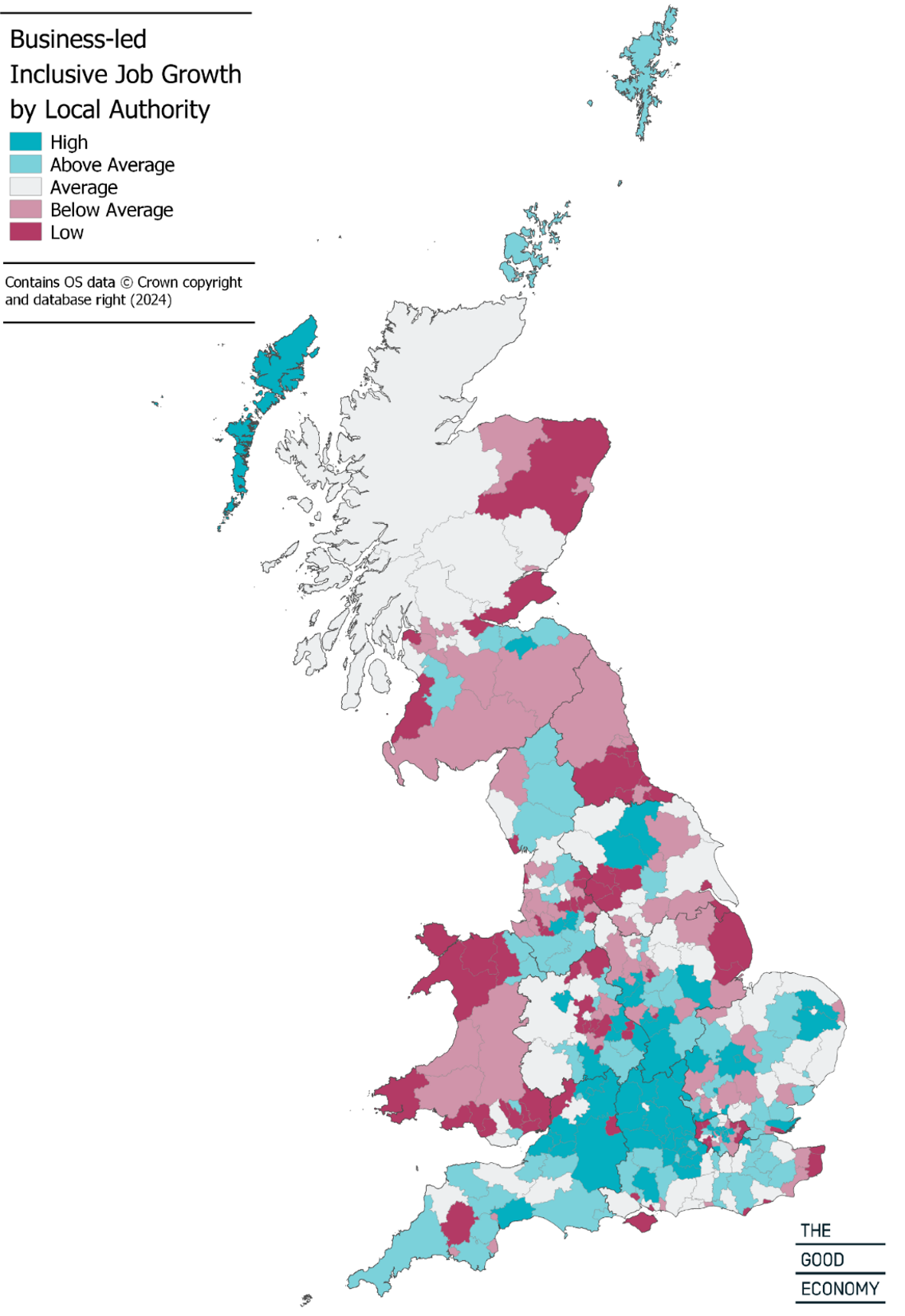 Map showing business-led inclusive job growth by local authority in the UK as analysed by The Good Economy